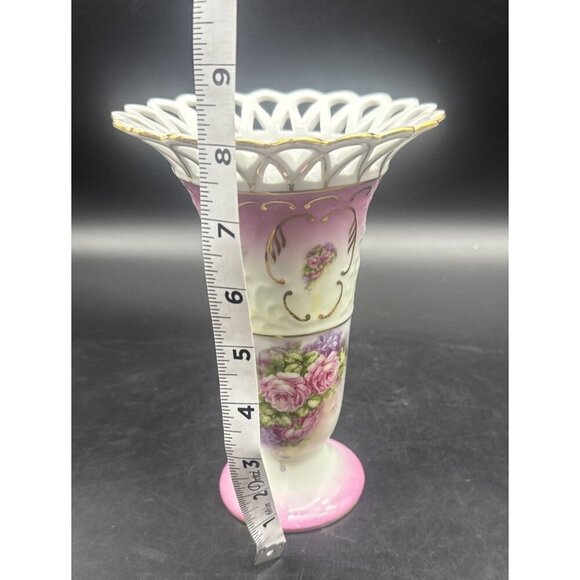 VTG Victoria's Garden Porcelain Pink Roses Gold Trim Open Lace Top Vase 8” - Picture 7 of 8